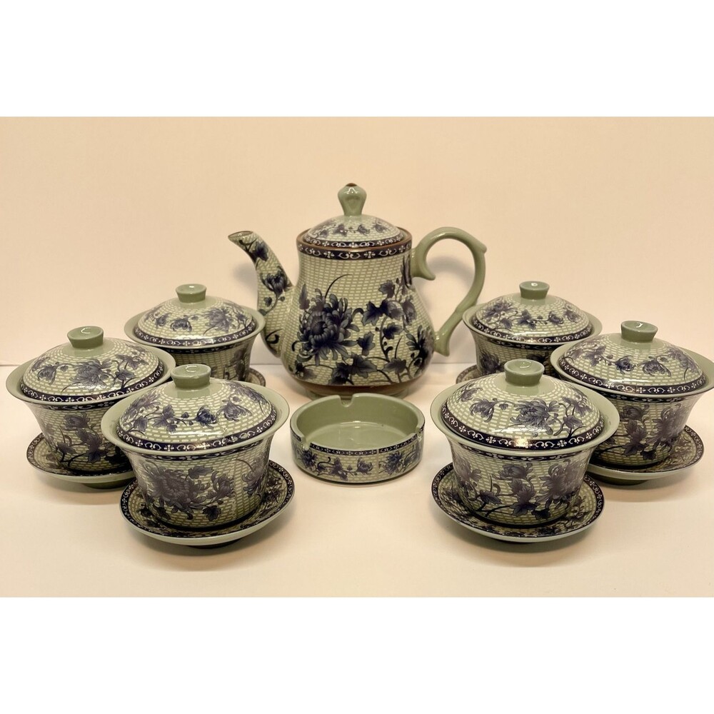 Vintage Bairuxue Art Ceramics Chinese Tea Set Blue Floral on Grey/Green-BOXED